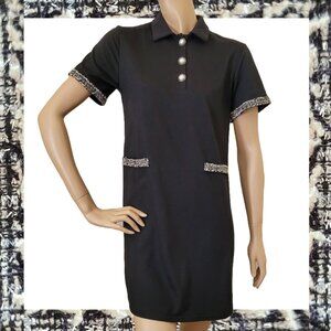 Yuqi Boucle Trimmed Short Sleeve Shirt Dress SZ M Black